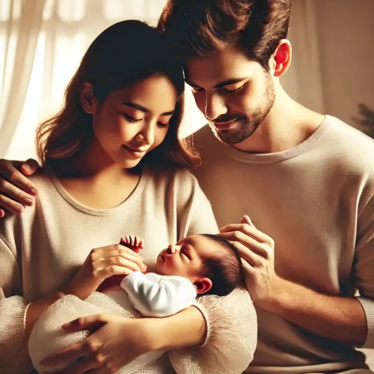 Parents with a newborn baby.