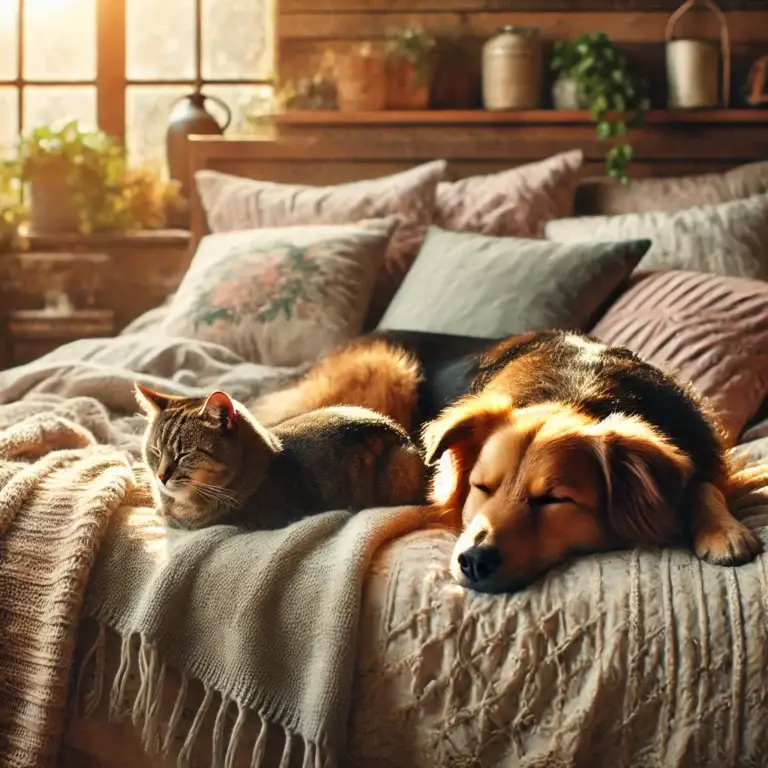 A cat and dog lying on a bed.