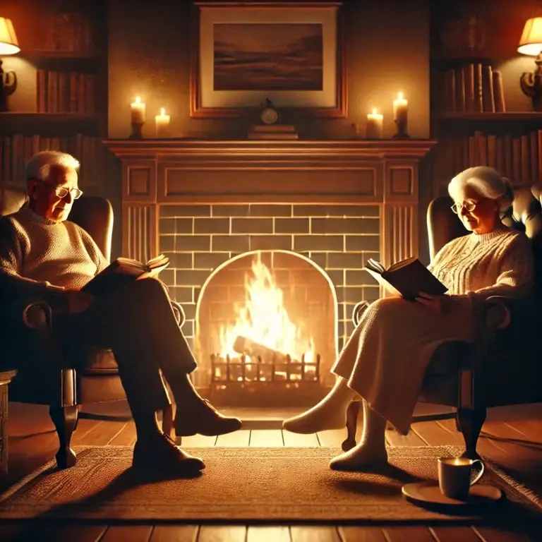 Elderly couple, grandparents sitting in the front of fireplace