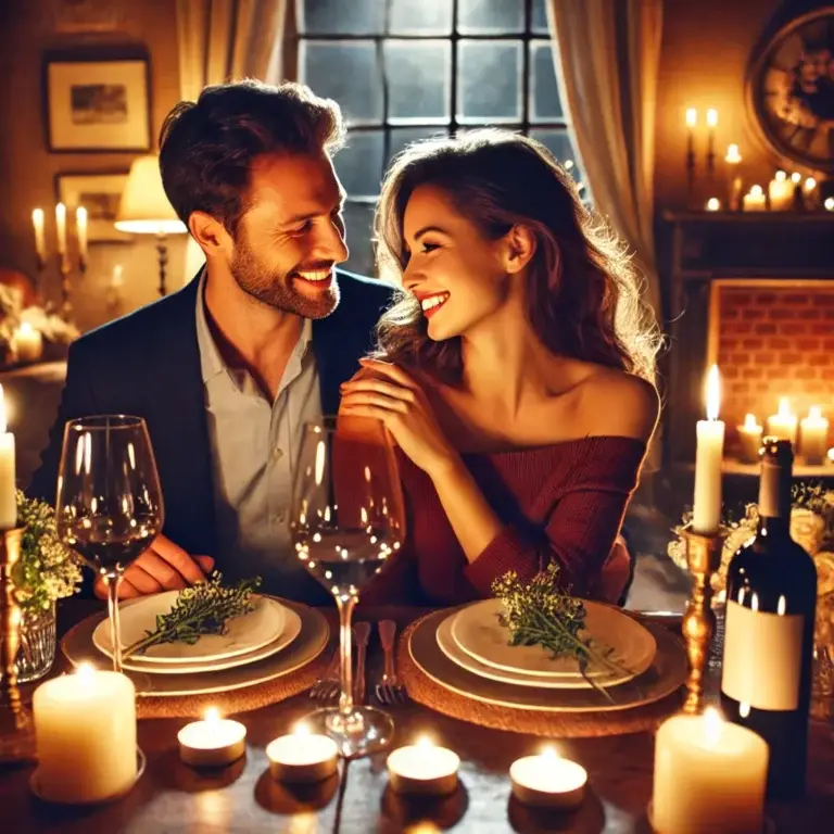 Romatic dinner where a couple is sitting together
