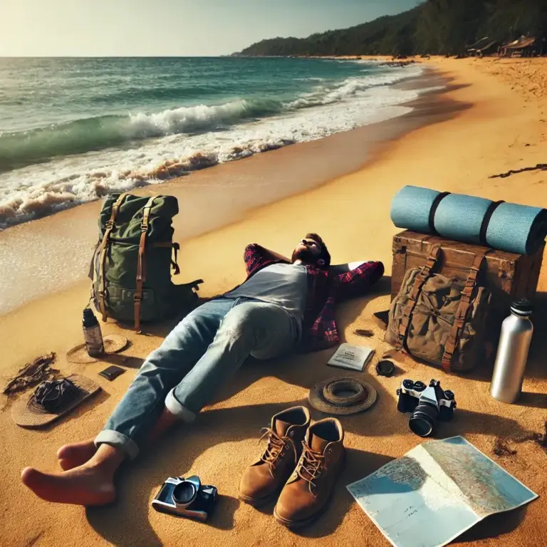 Traveller lying on the beach with traveller equipment and gardgets.