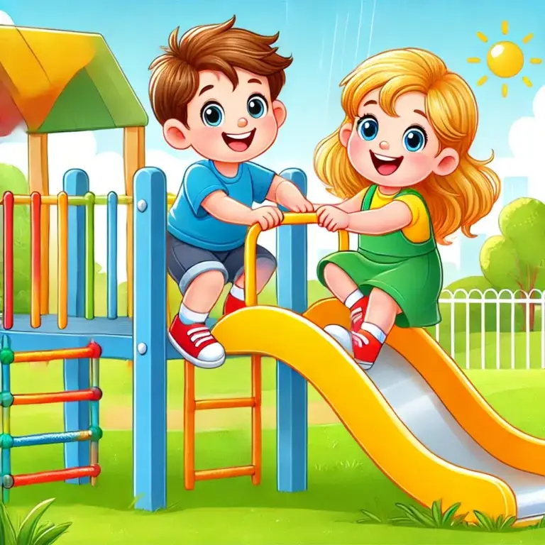 young boy and girl playing in the play ground.